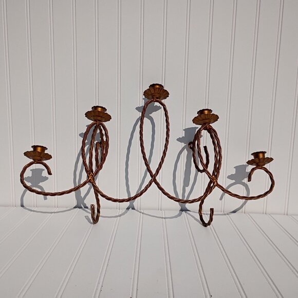 Homco Twisted Rope Gold Metal 5 Arm Candelabra Wall Hanging Candle Sconce Vtg - Picture 1 of 16